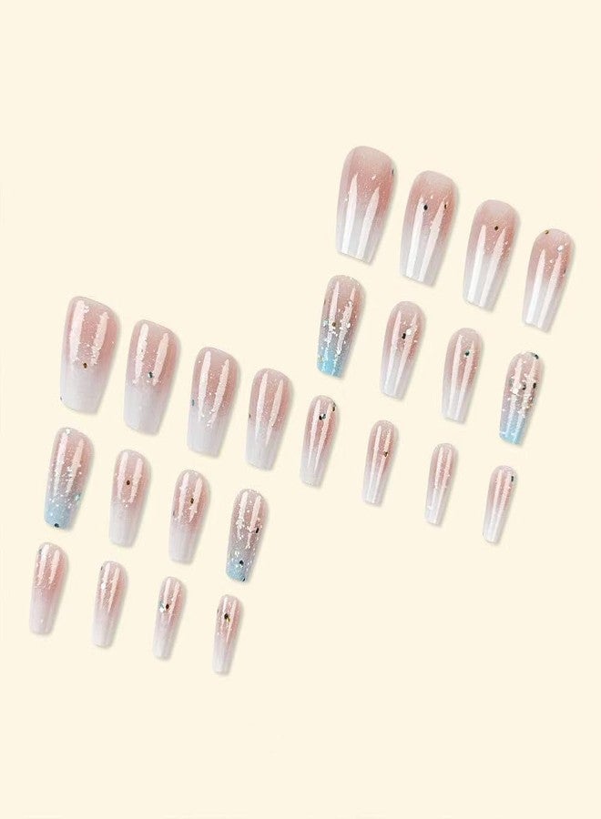 TOGZOM Ombre Press on Nails Medium Square Fake Nails Glitter Acrylic Nails Cute Blue White Gradient Artificial Nails Short Coffin False Nails Press ons Glossy Stick on Nails for Women Girls Manicure 24Pcs - Image 4